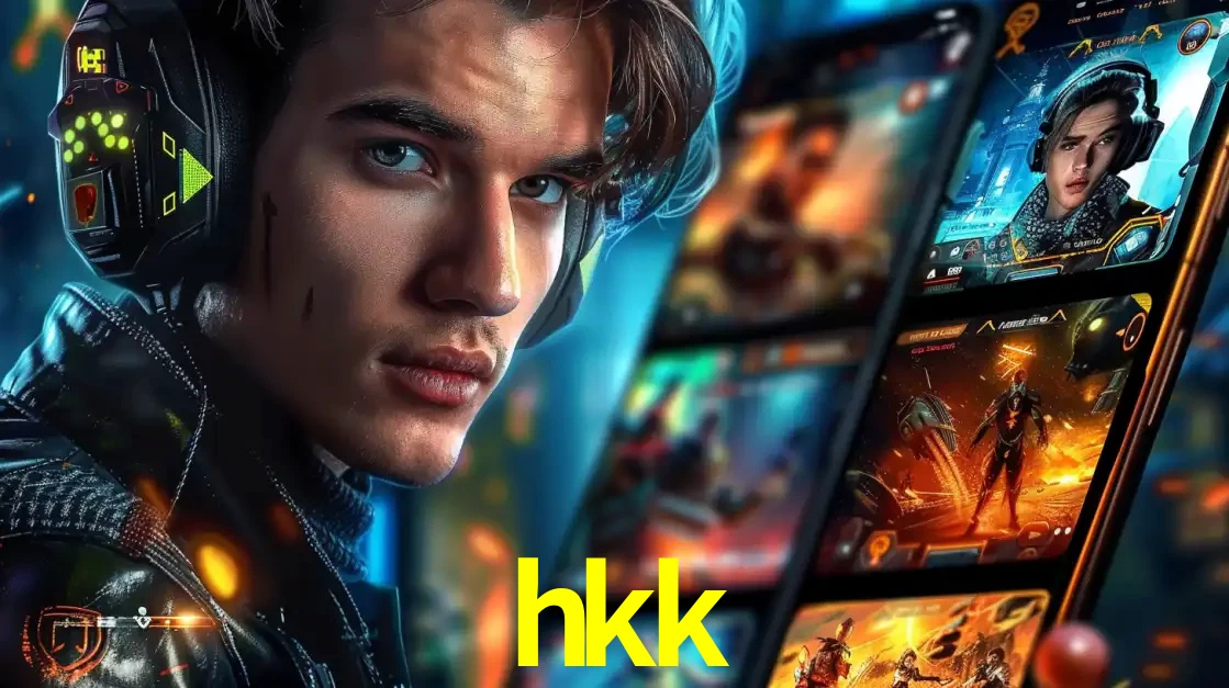 Jovem jogador com fones de ouvido olhando para a câmera, com um aplicativo de jogos e e-sports para celular ao fundo, pronto para a competição e apostas no hkk.