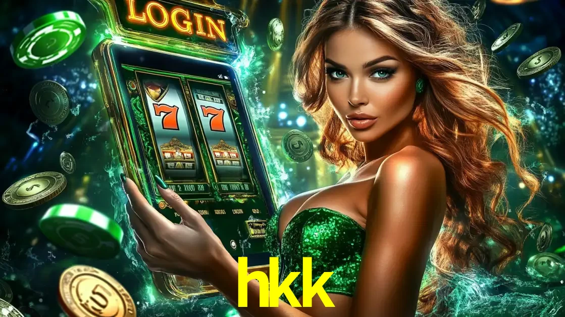 Mulher com tema verde apresentando o aplicativo do cassino hkk com um jogo de slot de 777, cercada por fichas de cassino e uma aura de sorte.