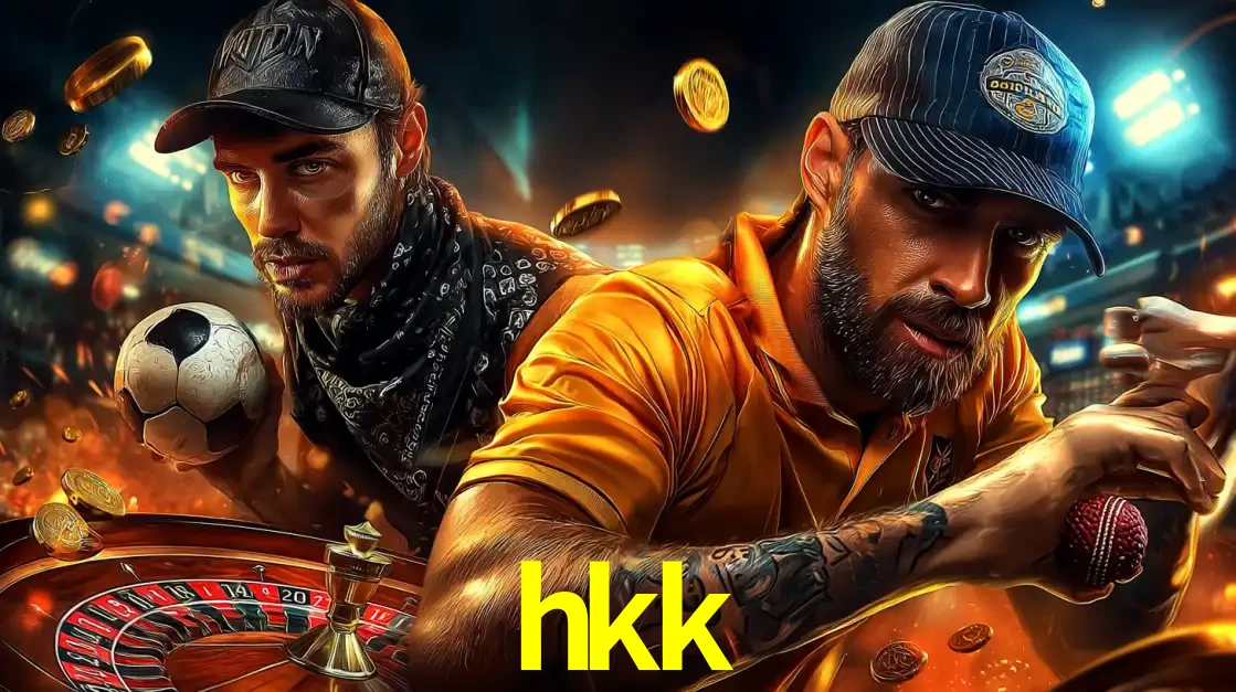 Montagem de apostas esportivas e cassino no hkk, com um homem segurando uma bola de futebol e outro uma de beisebol sobre uma roleta e moedas voadoras.