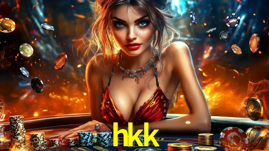 Mulher em uma mesa de cassino com pilhas de fichas e um fundo de fogo, pronta para uma rodada de altas apostas nos jogos de mesa emocionantes do cassino hkk.